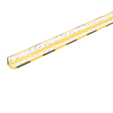 Vue du dessous côté bande adhésive de la protection de coin en mousse jaune et noir